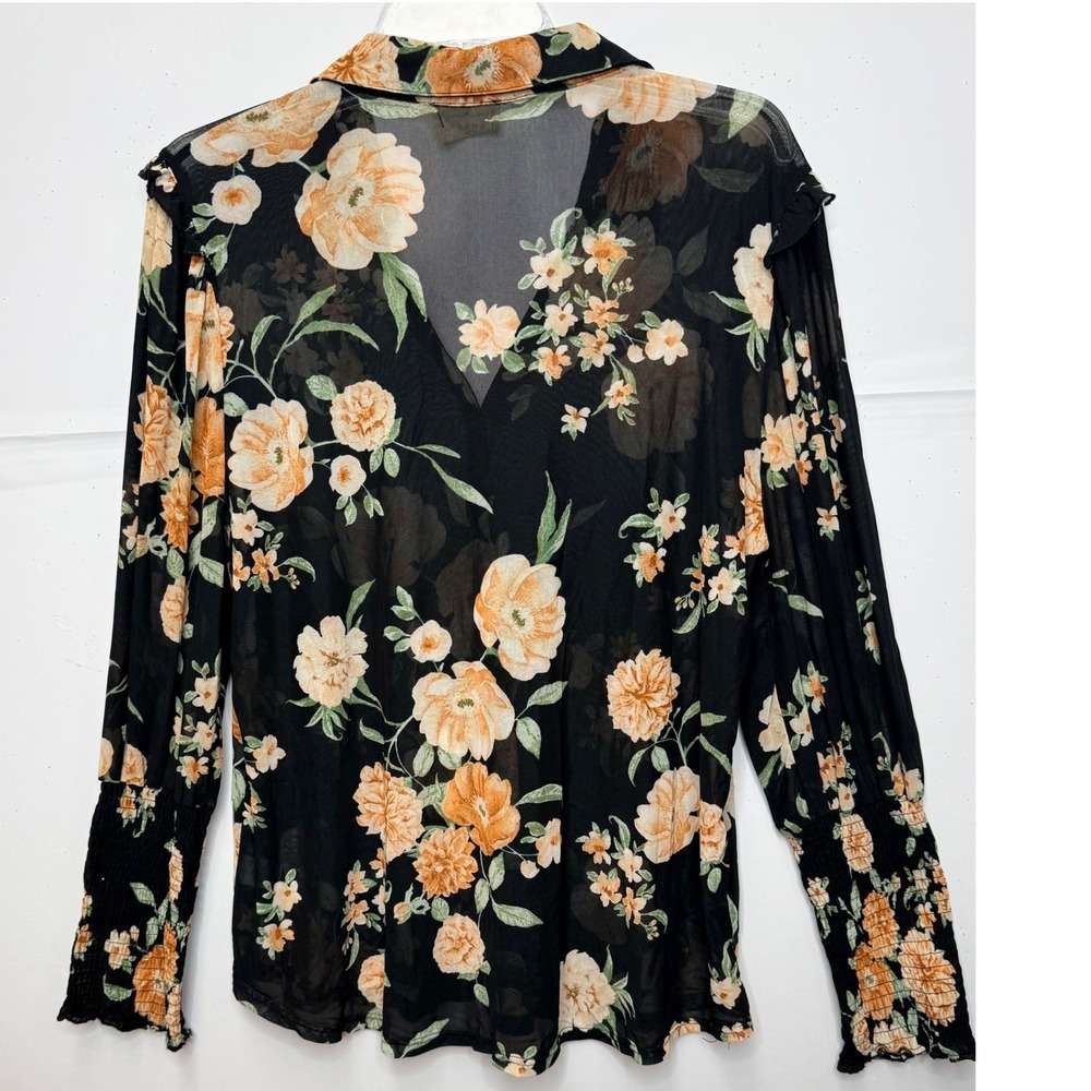 Ember Floral Mesh Blouse XL Black Orange Smocked Cuff Boho Whimsigoth Office Y2K - Picture 3 of 11